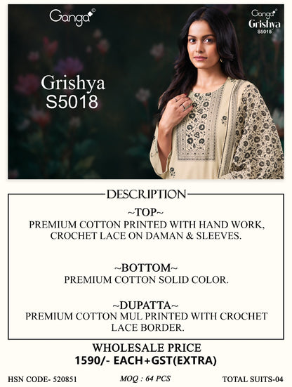 Grishya S5018 Ganga Cotton Plazzo Style Suits Wholesale
