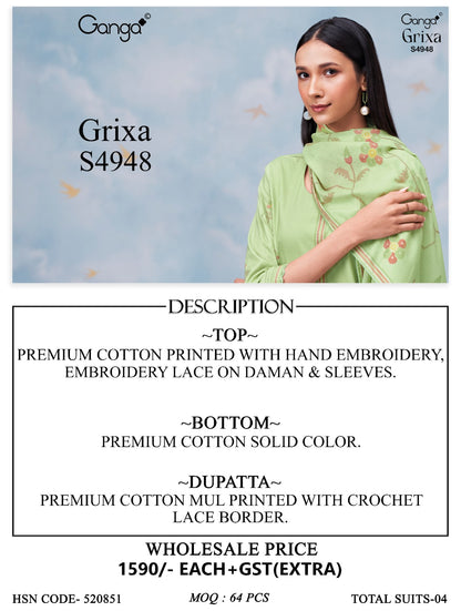 Grixa S4948 Ganga Cotton Pant Style Suits Supplier
