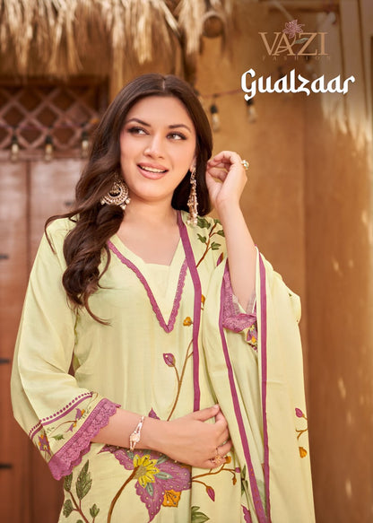 Gualzaar Vazi Fashion Viscose Muslin Readymade Pant Style Suits Supplier India