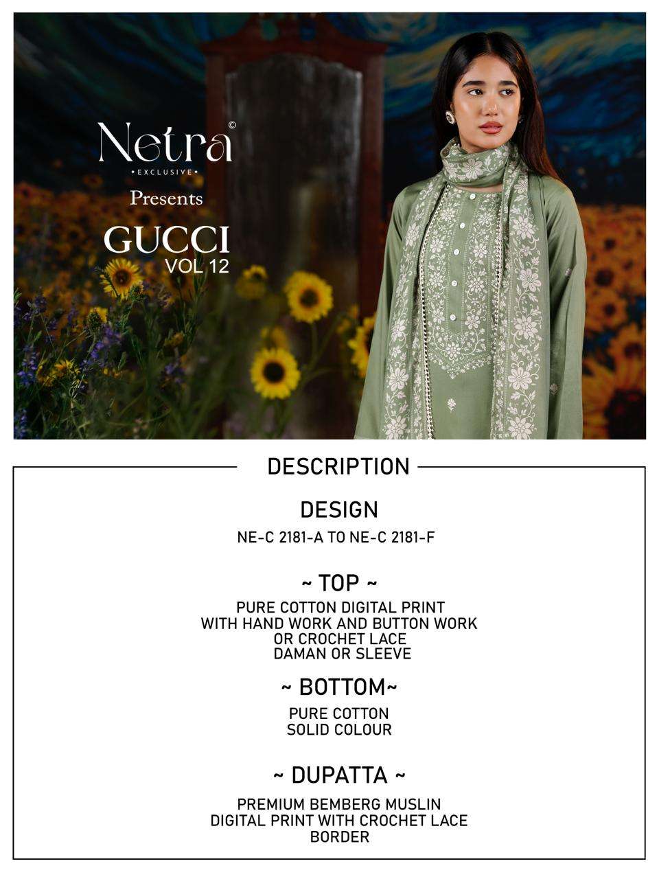 Gucci Vol 12 Netra Cotton Pant Style Suits Exporter Gujarat