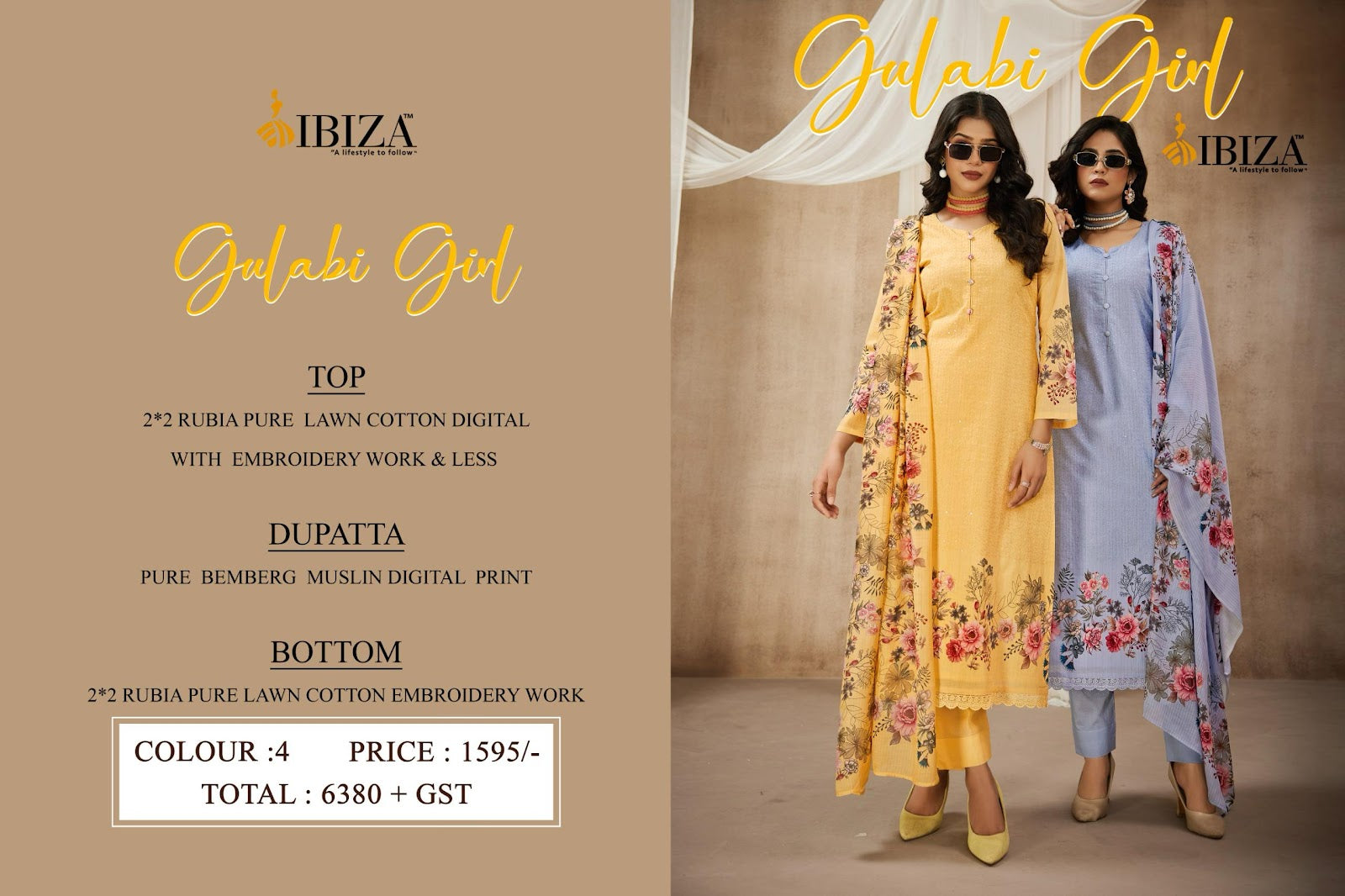 Gulabi Girl Ibiza Pure Lawn Pant Style Suits Manufacturer India