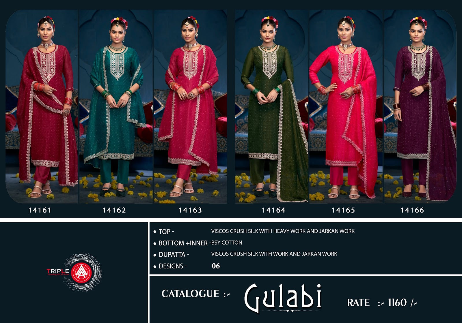 Gulabi Triple Aaa Crush Silk Pant Style Suits Exporter Ahmedabad