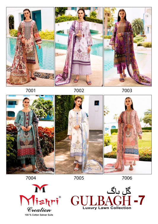 Gulbagh Vol 7 Luxury Lawn Collection Mishri Cotton Karachi Salwar Suits Supplier Ahmedabad