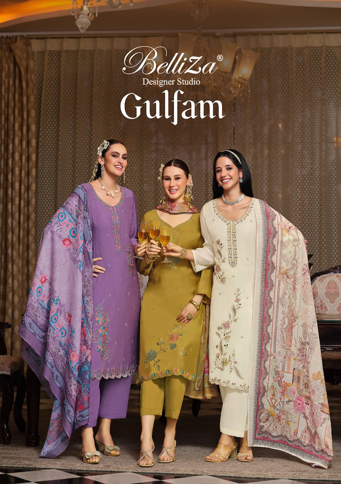 Gulfam Belliza Designer Studio Muslin Karachi Salwar Suits Supplier Gujarat