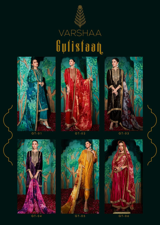 Gulistaan Varsha Fashions Foil Velvet Suits Manufacturer Ahmedabad
