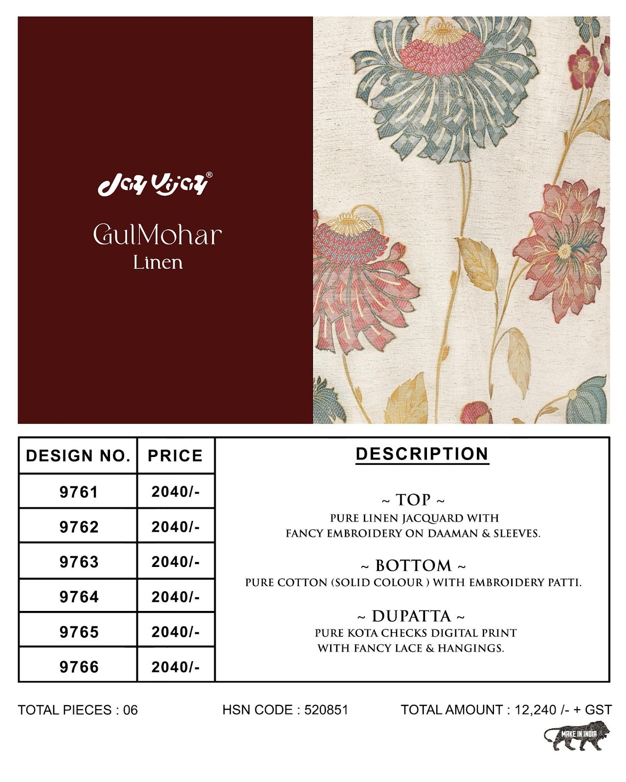 Gulmohar Linen Jay Vijay Jacquard Pant Style Suits Wholesaler India