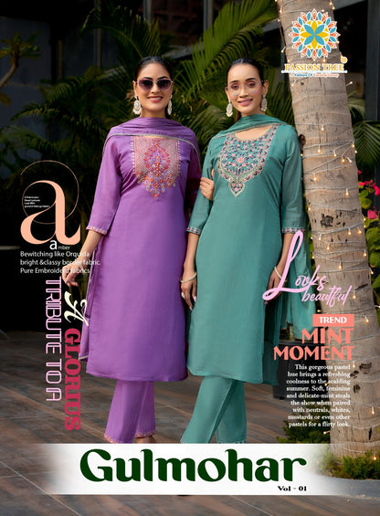 Gulmohar Vol 1 Passion Tree Chanderi Readymade Pant Style Suits Supplier Gujarat