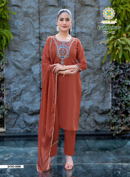 Gulmohar Vol 1 Passion Tree Chanderi Readymade Pant Style Suits Supplier Gujarat