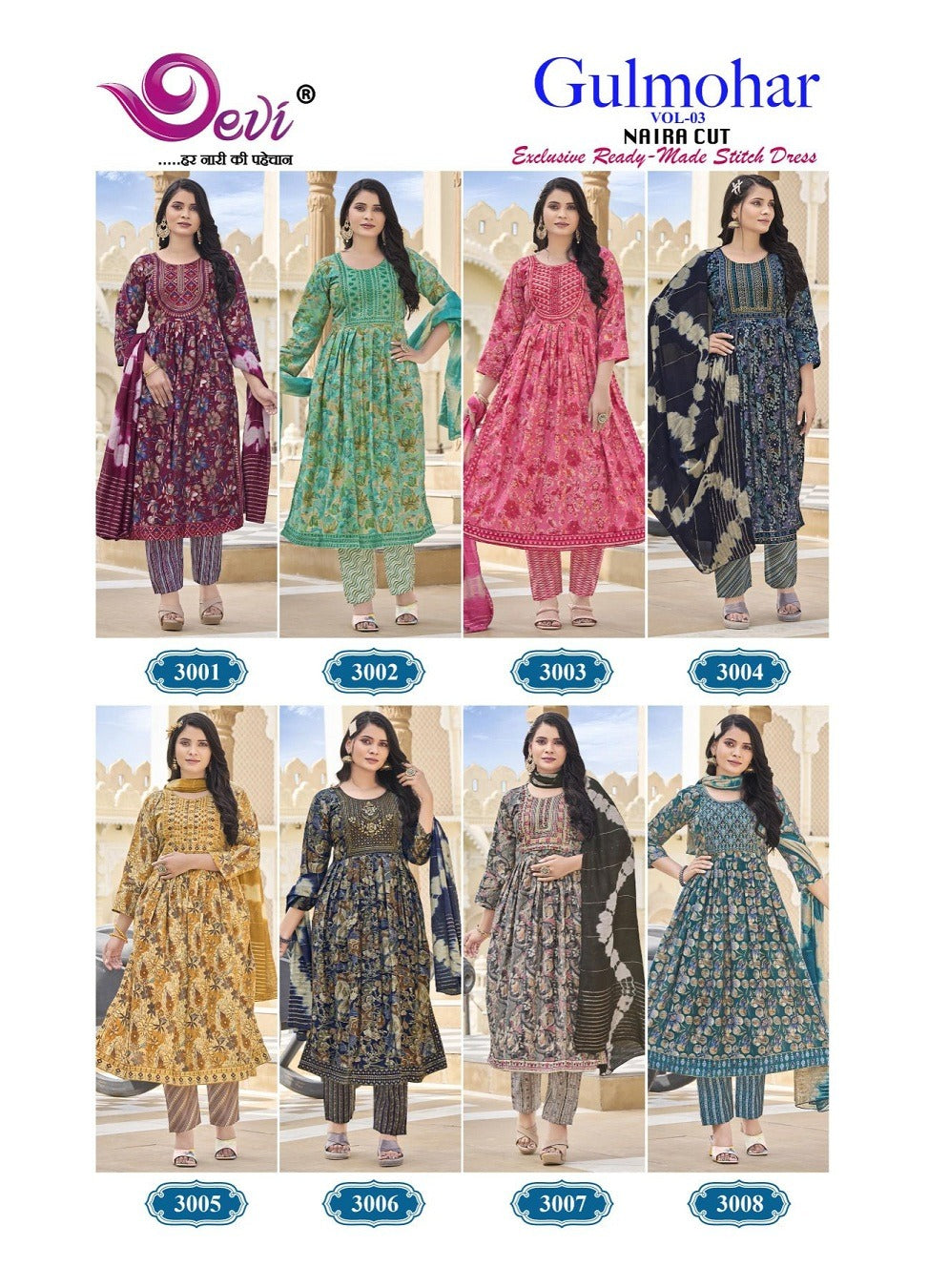 Gulmohar Vol 3 Nayra Cut Devi Muslin Readymade Pant Style Suits Manufacturer Gujarat
