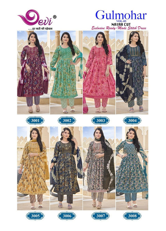 Gulmohar Vol 3 Nayra Cut Devi Muslin Readymade Pant Style Suits Manufacturer Gujarat