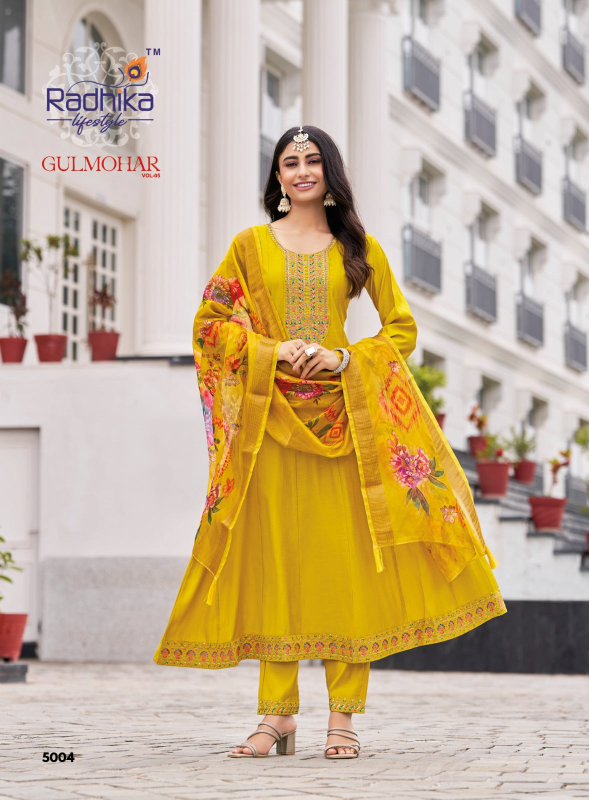 Gulmohar Vol 5 Radhika Lifestyle Roman Silk Readymade Anarkali Suits Supplier Gujarat