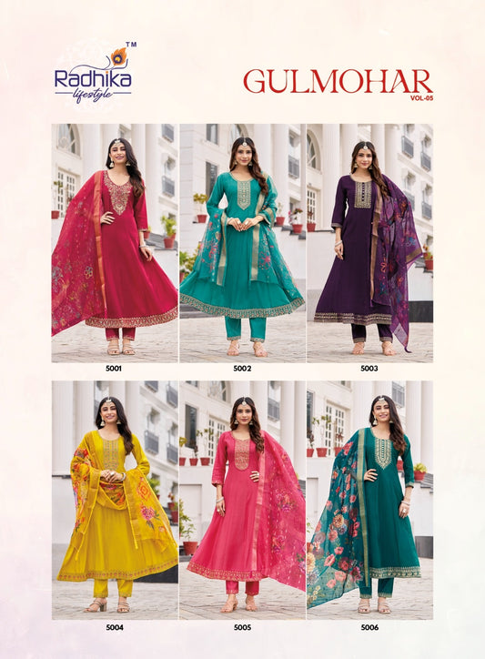 Gulmohar Vol 5 Radhika Lifestyle Roman Silk Readymade Anarkali Suits Supplier Gujarat