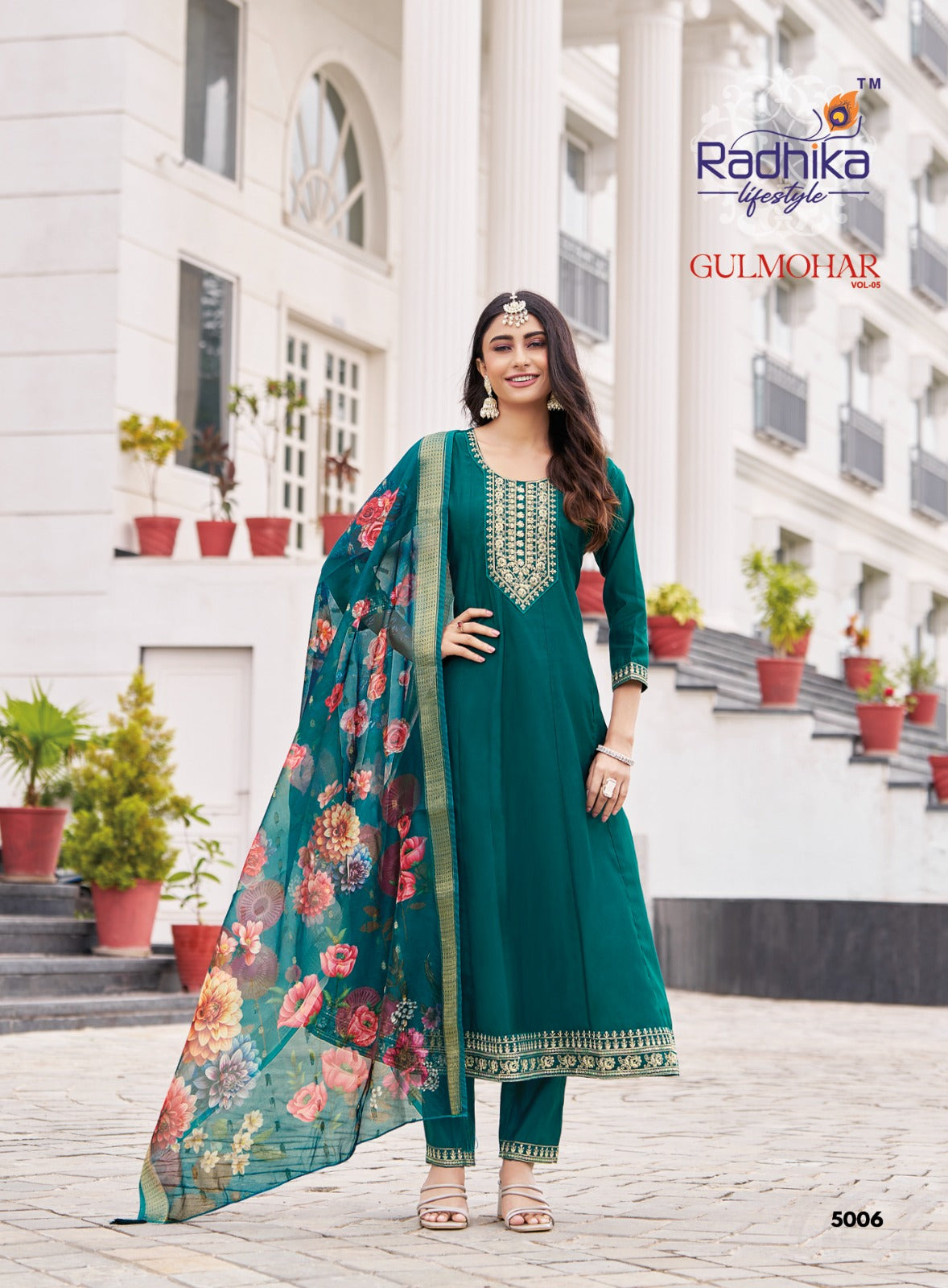 Gulmohar Vol 5 Radhika Lifestyle Roman Silk Readymade Anarkali Suits Supplier Gujarat