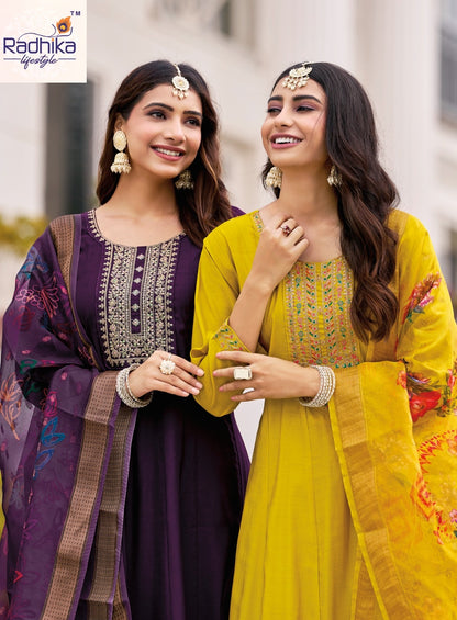 Gulmohar Vol 5 Radhika Lifestyle Roman Silk Readymade Anarkali Suits Supplier Gujarat