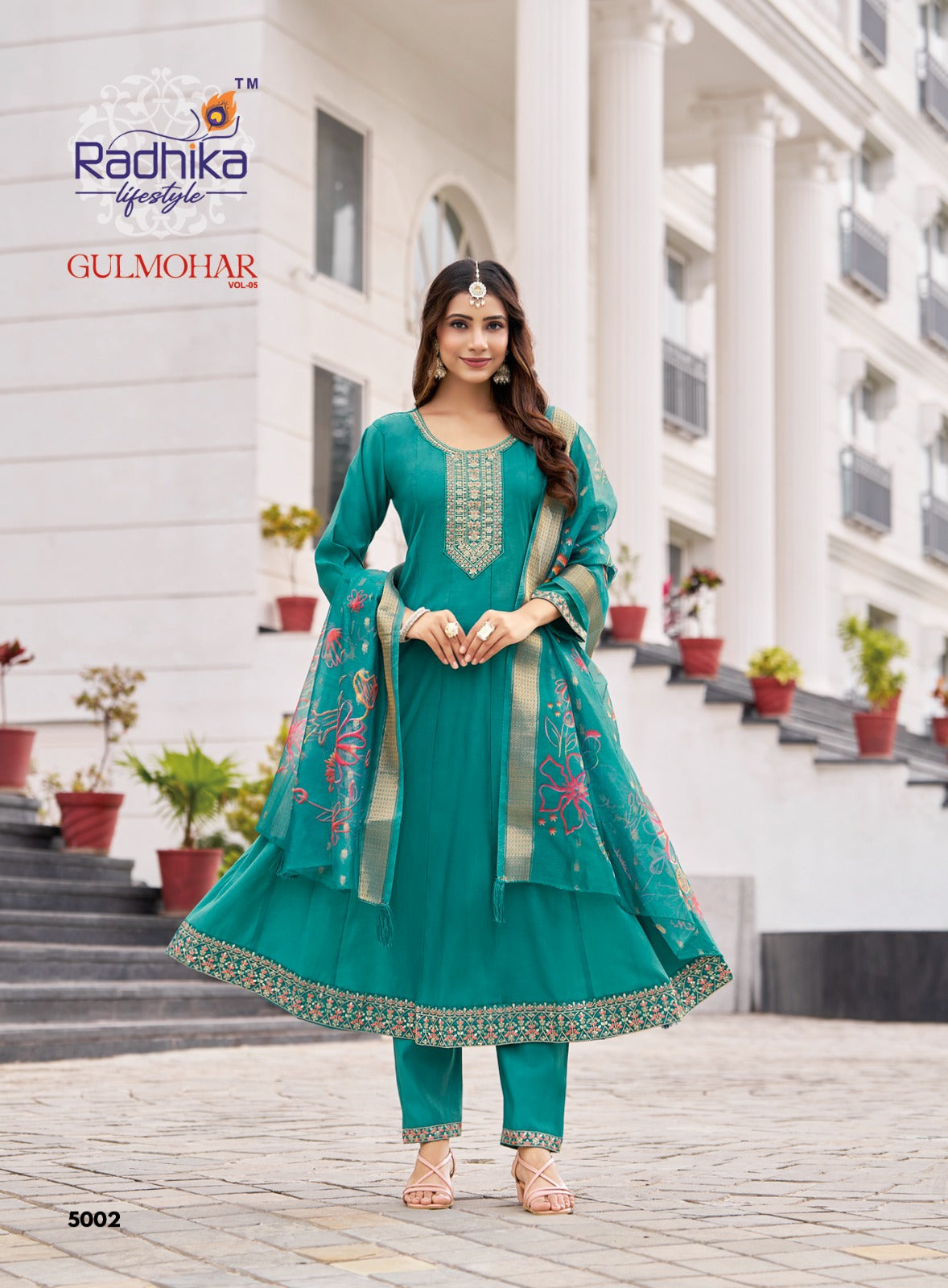 Gulmohar Vol 5 Radhika Lifestyle Roman Silk Readymade Anarkali Suits Supplier Gujarat
