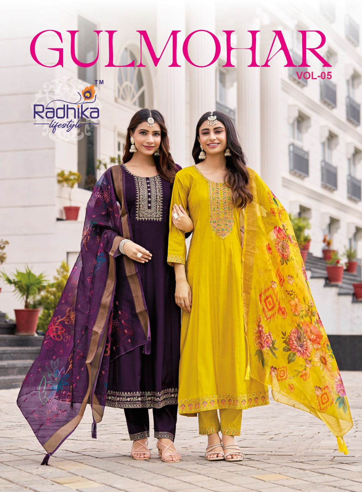 Gulmohar Vol 5 Radhika Lifestyle Roman Silk Readymade Anarkali Suits Supplier Gujarat