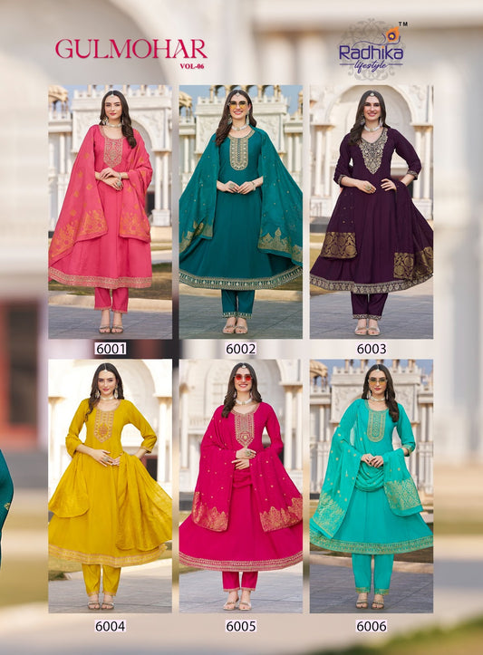 Gulmohar Vol 6 Radhika Lifestyle Roman Silk Readymade Anarkali Suits Exporter Ahmedabad