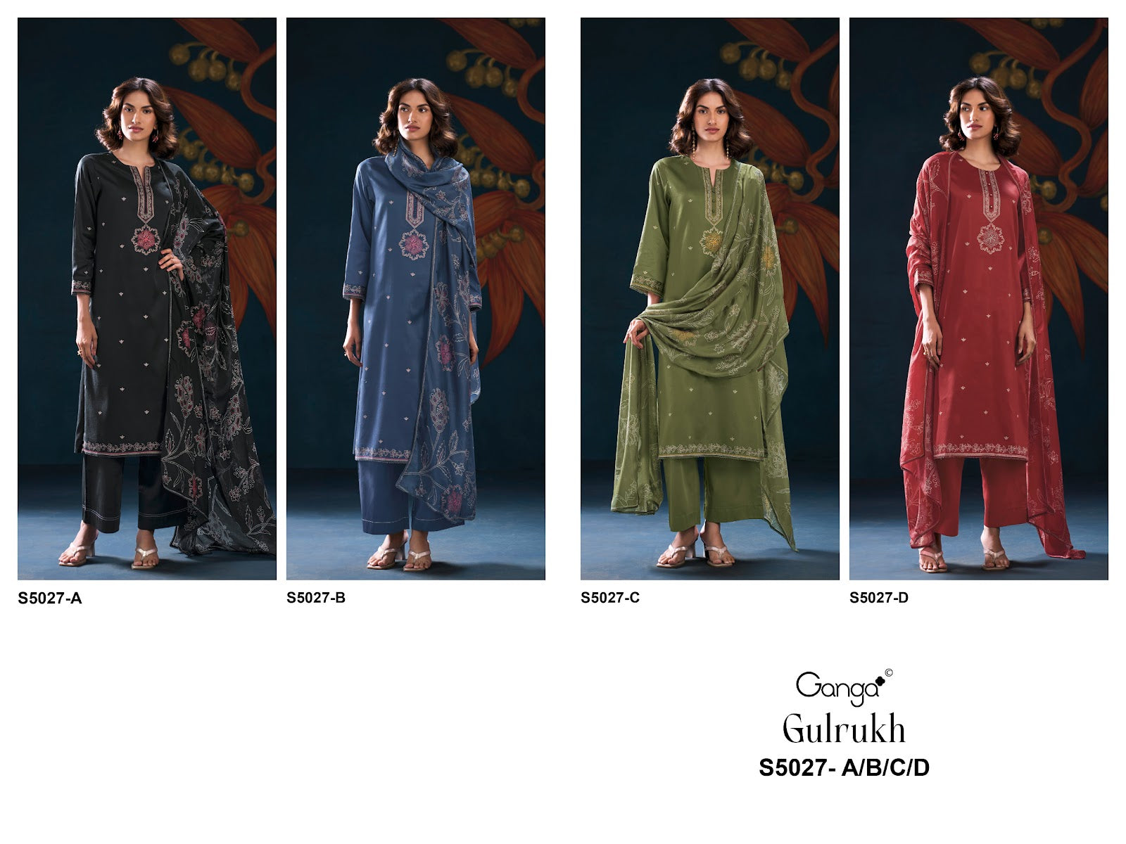 Gulrukh S5027 Ganga Cotton Satin Plazzo Style Suits Exporter Ahmedabad