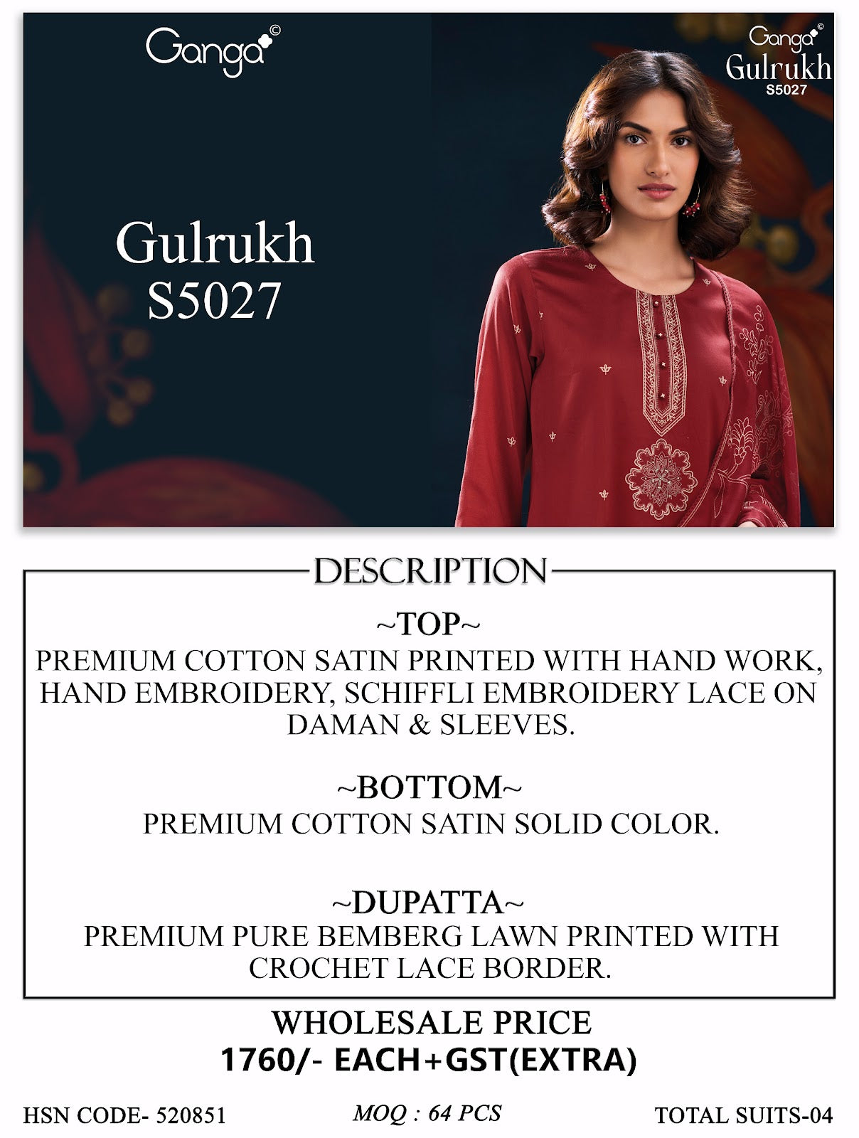 Gulrukh S5027 Ganga Cotton Satin Plazzo Style Suits Exporter Ahmedabad