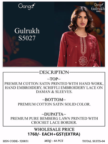 Gulrukh S5027 Ganga Cotton Satin Plazzo Style Suits Exporter Ahmedabad