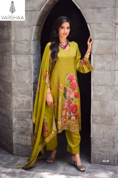 Gulzaar Varshaa Russian Silk Pant Style Suits Wholesale Rate