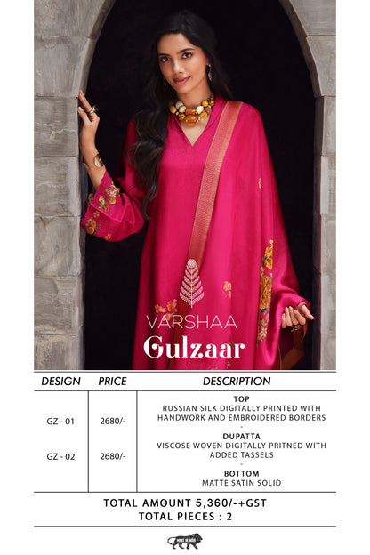 Gulzaar Varshaa Russian Silk Pant Style Suits Wholesale Rate