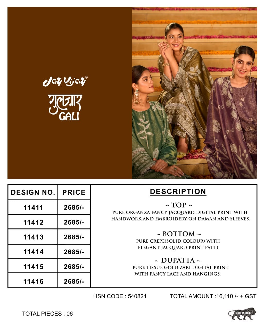 Gulzar Gali Jay Vijay Organza Pant Style Suits Wholesale Price