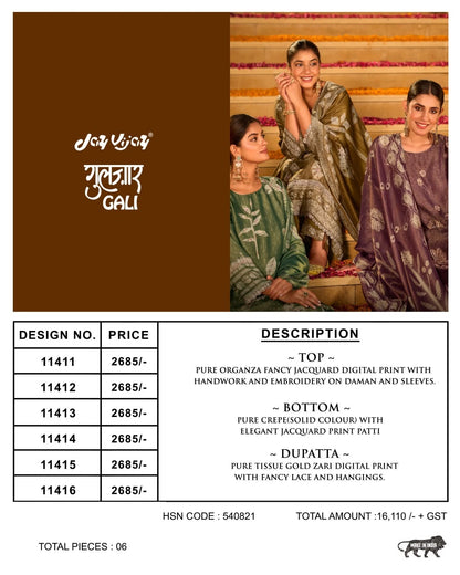 Gulzar Gali Jay Vijay Organza Pant Style Suits Wholesale Price