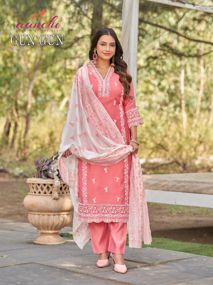 Gun Gun Aanchi Chanderi Readymade Pant Style Suits Supplier India