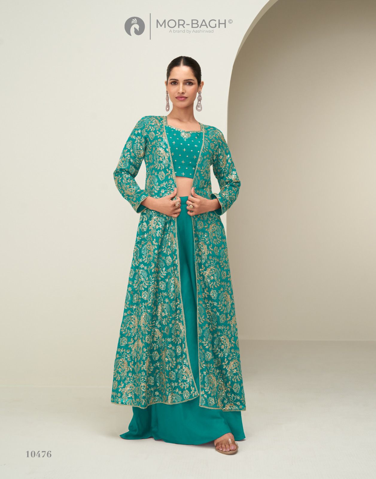 Gunjan Aashirwad Creation Mor Bagh Chinon Silk Crop Top Shurg Palazzo Set Supplier Gujarat