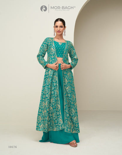 Gunjan Aashirwad Creation Mor Bagh Chinon Silk Crop Top Shurg Palazzo Set Supplier Gujarat