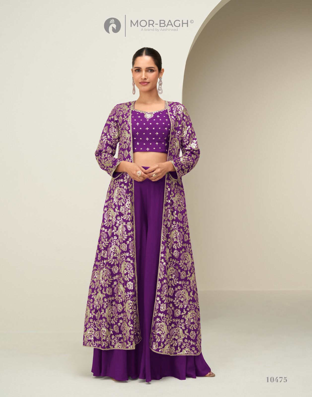 Gunjan Aashirwad Creation Mor Bagh Chinon Silk Crop Top Shurg Palazzo Set Supplier Gujarat
