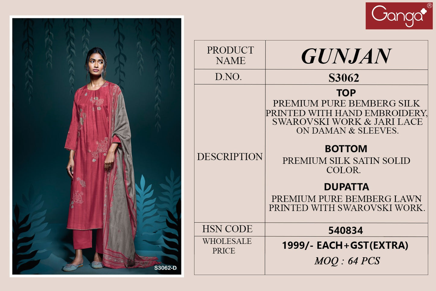 Gunjan S3062 Ganga Bemberg Silk Plazzo Style Suits Wholesaler India