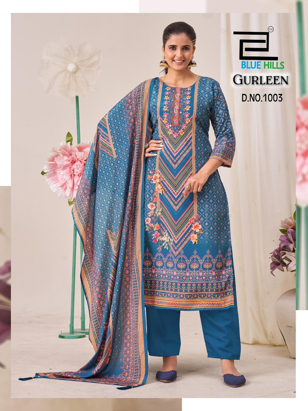 Gurleen Blue Hills Muslin Readymade Pant Style Suits Wholesaler India