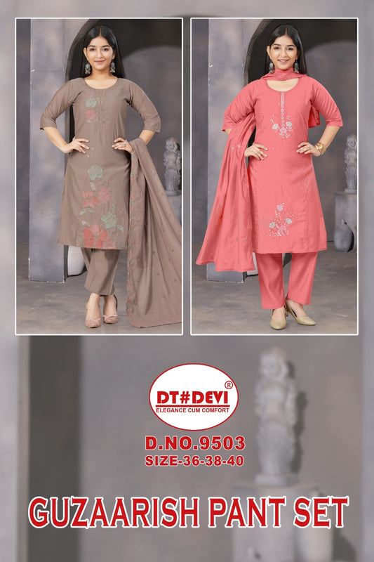 Guzaarish Dn 9503 Dt Devi Roman Silk Girls Readymade Pant Suits Wholesaler Ahmedabad