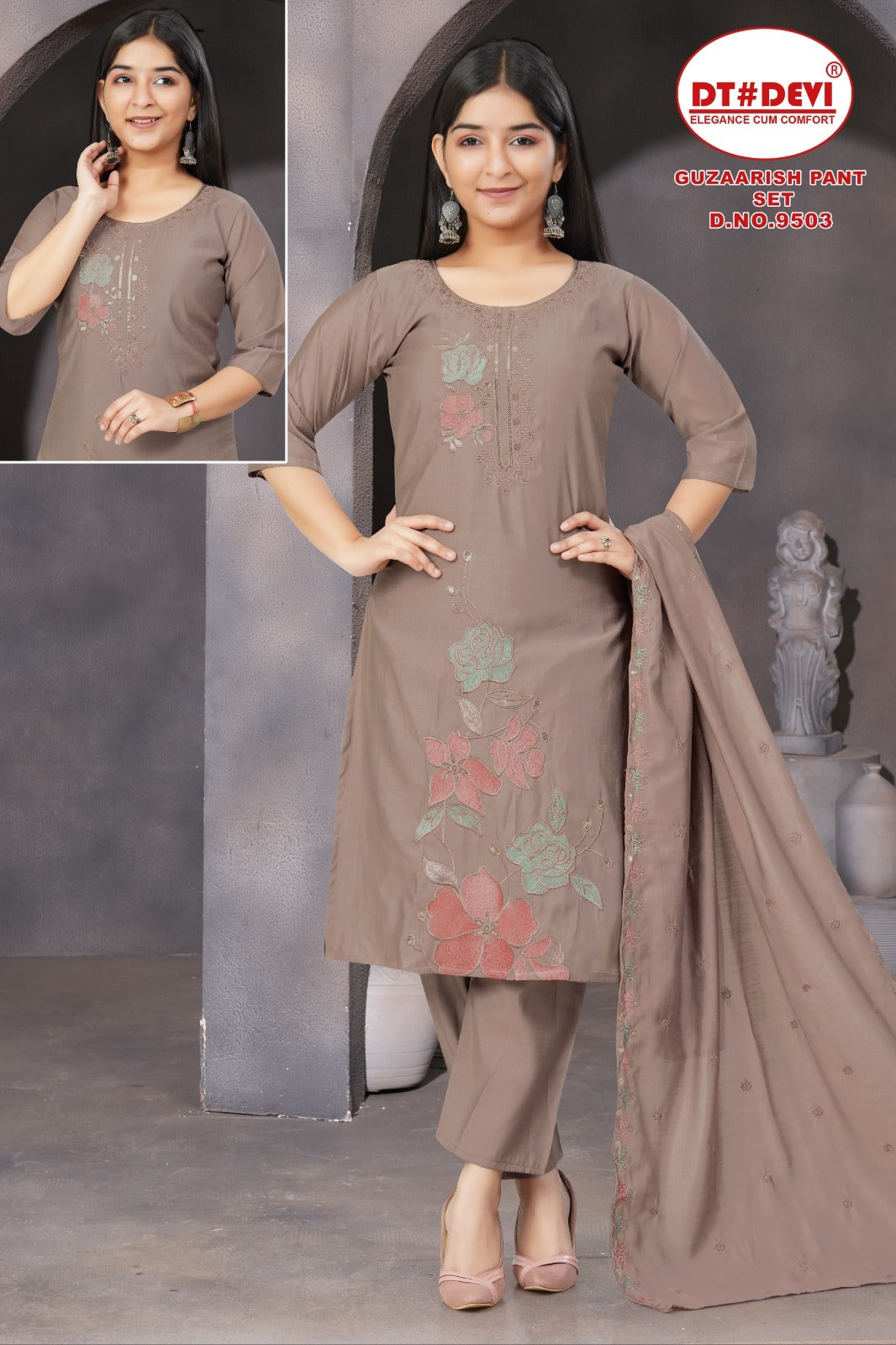 Guzaarish Dn 9503 Dt Devi Roman Silk Girls Readymade Pant Suits Wholesaler Ahmedabad