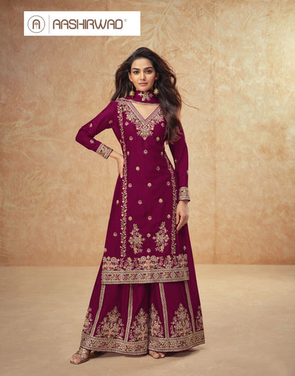 Guzarish Aashirwad Creation Chinnon Silk Readymade Plazzo Style Suits Exporter