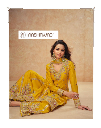 Guzarish Aashirwad Creation Chinnon Silk Readymade Plazzo Style Suits Exporter