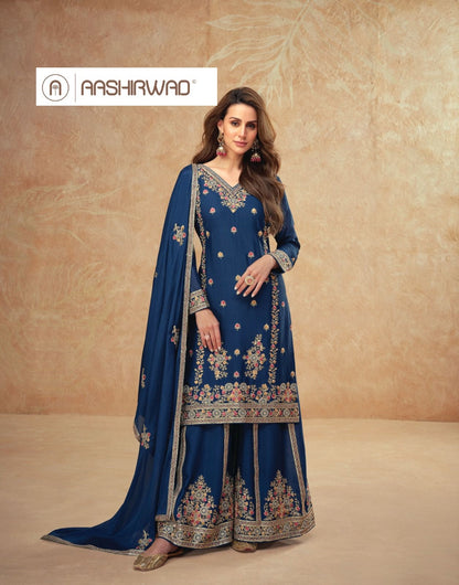 Guzarish Aashirwad Creation Chinnon Silk Readymade Plazzo Style Suits Exporter