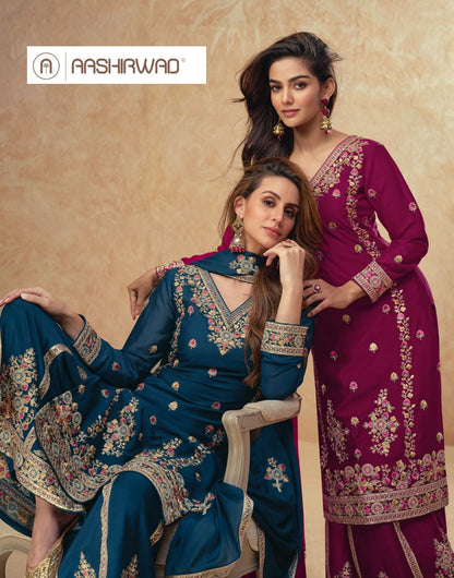 Guzarish Aashirwad Creation Chinnon Silk Readymade Plazzo Style Suits Exporter