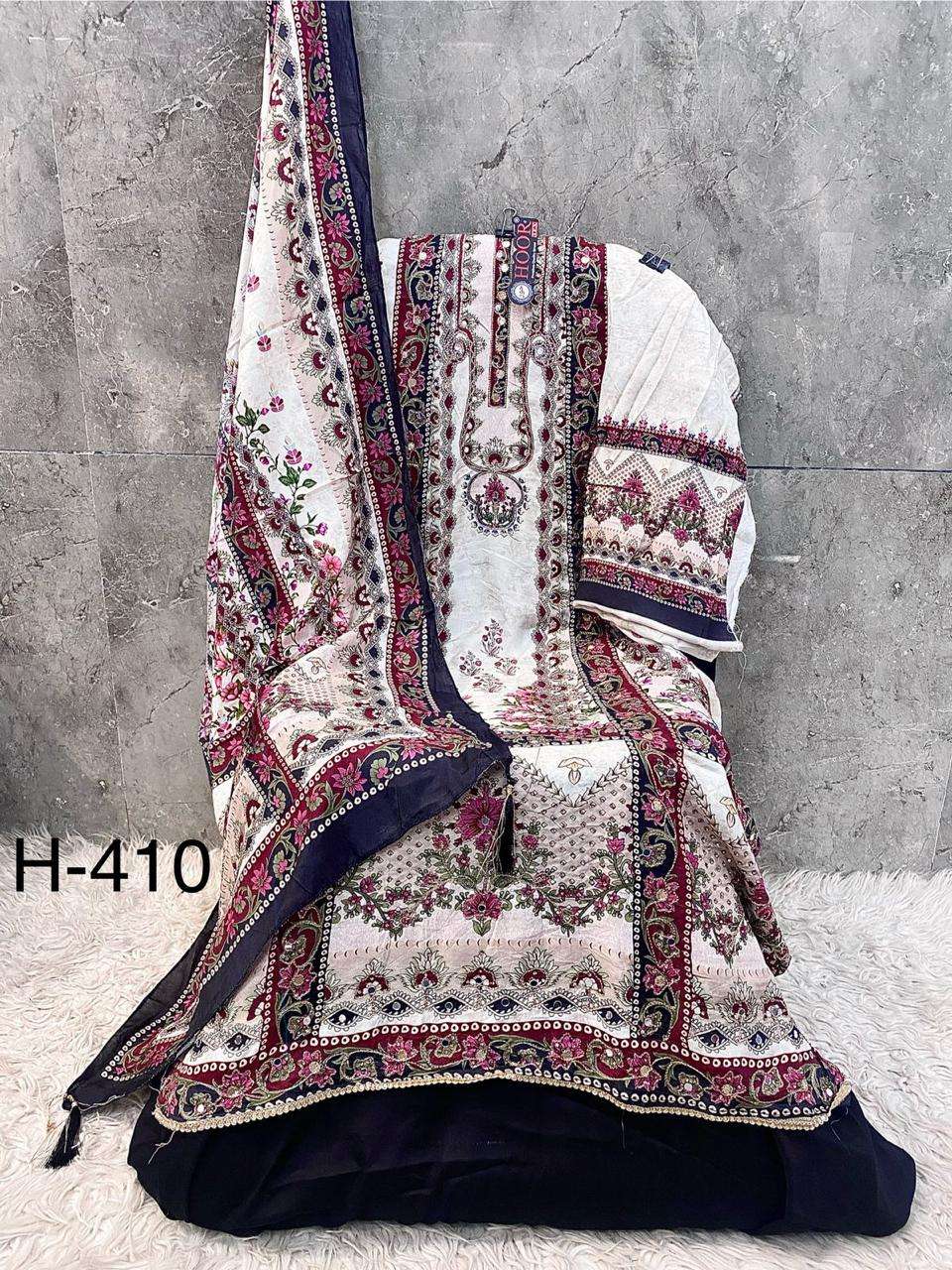 H 405 - 413 Hoor Tex Muslin Pakistani Readymade Suits Wholesale