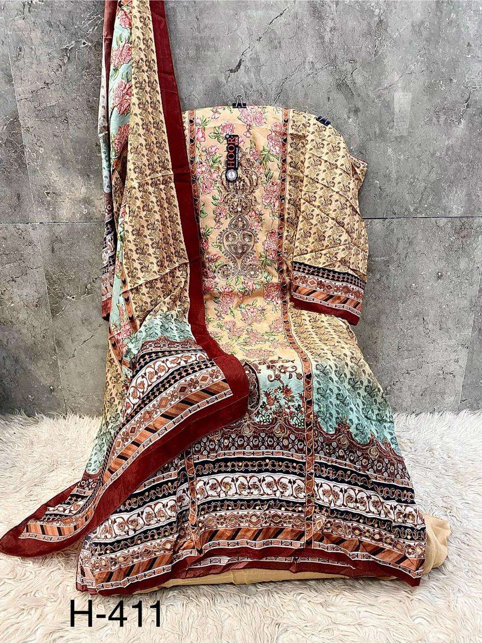 H 405 - 413 Hoor Tex Muslin Pakistani Readymade Suits Wholesale