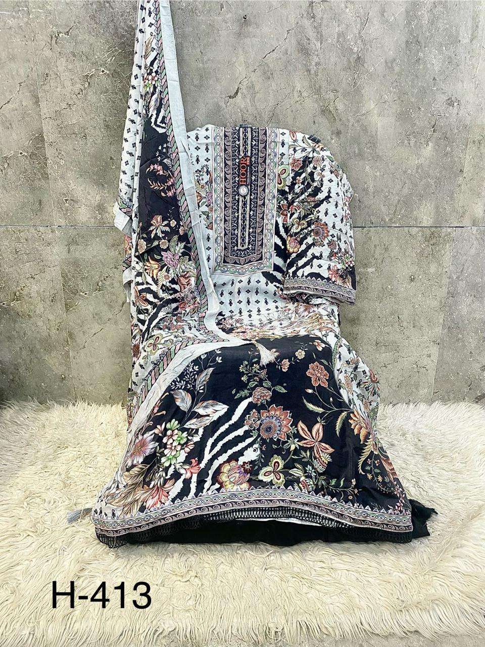 H 405 - 413 Hoor Tex Muslin Pakistani Readymade Suits Wholesale