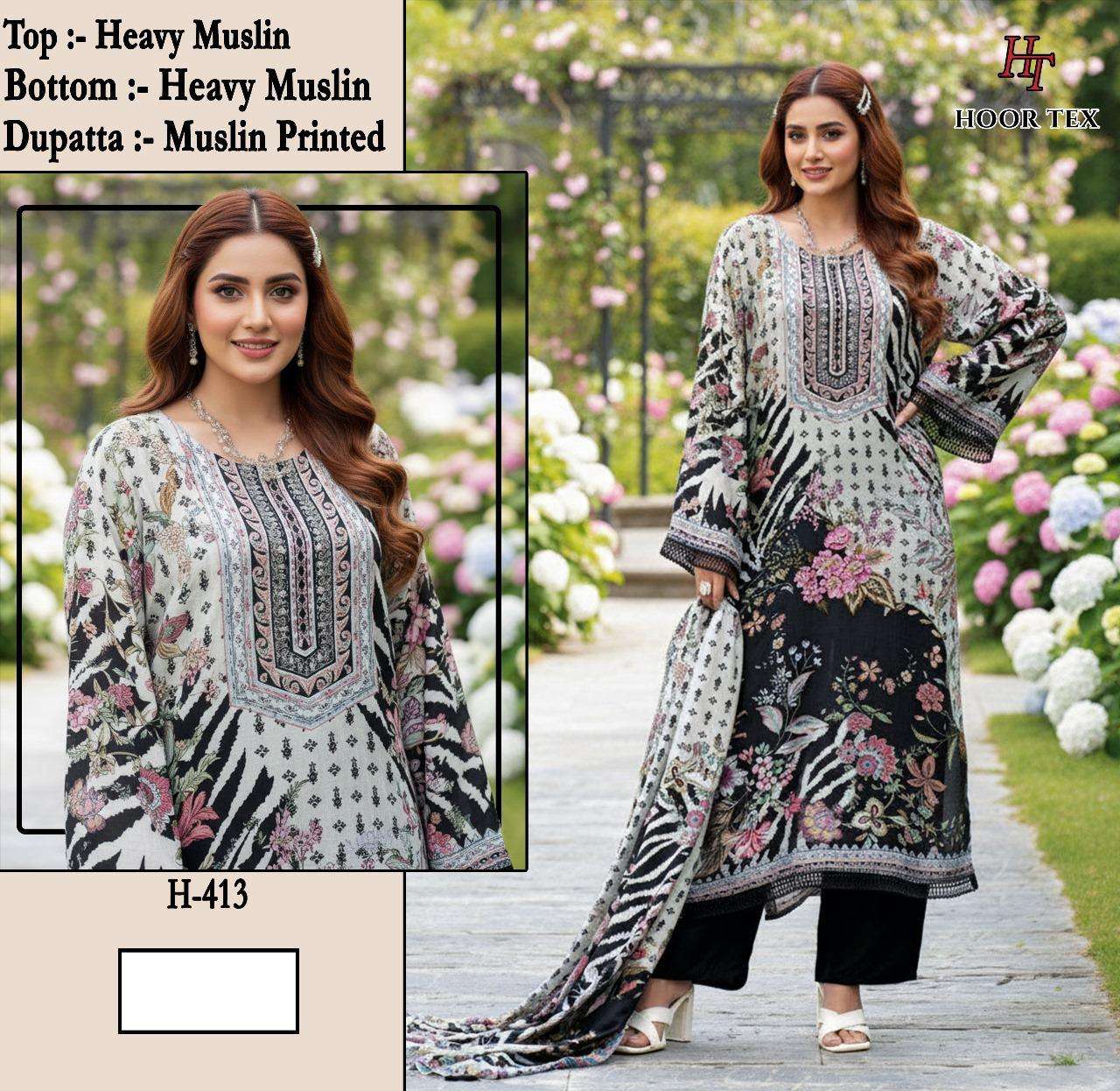 H 405 - 413 Hoor Tex Muslin Pakistani Readymade Suits Wholesale