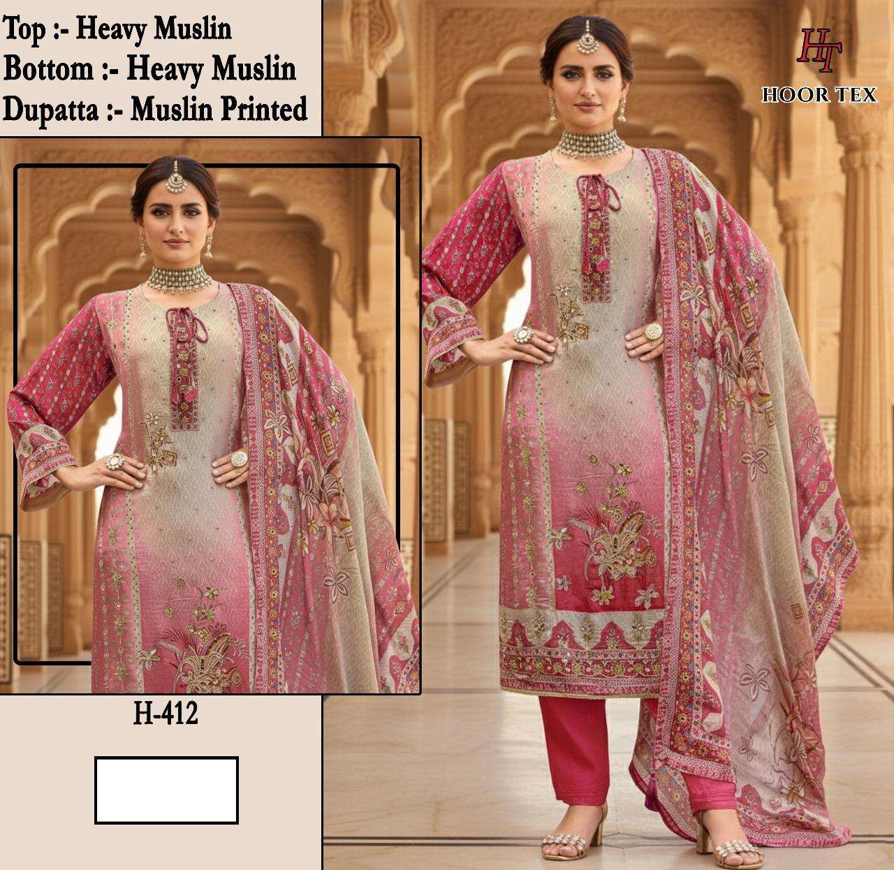H 405 - 413 Hoor Tex Muslin Pakistani Readymade Suits Wholesale