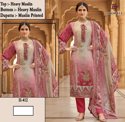 H 405 - 413 Hoor Tex Muslin Pakistani Readymade Suits Wholesale