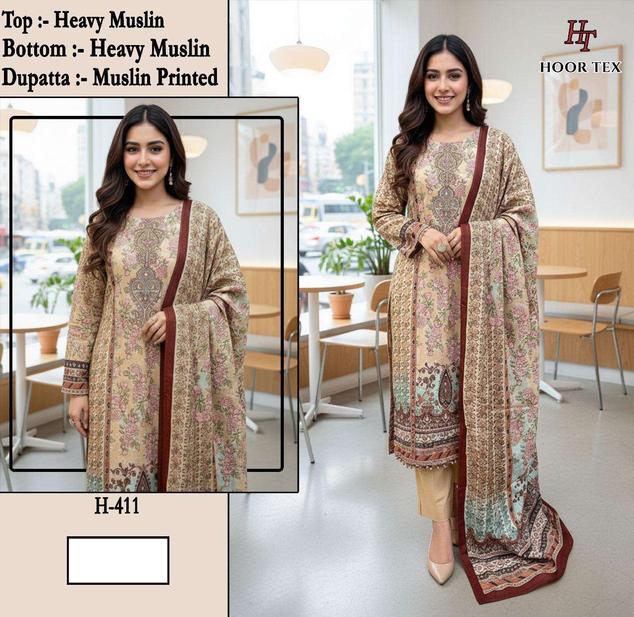 H 405 - 413 Hoor Tex Muslin Pakistani Readymade Suits Wholesale