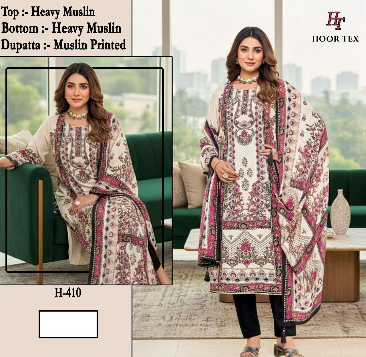 H 405 - 413 Hoor Tex Muslin Pakistani Readymade Suits Wholesale