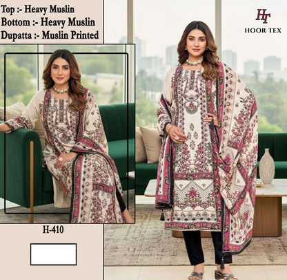 H 405 - 413 Hoor Tex Muslin Pakistani Readymade Suits Wholesale