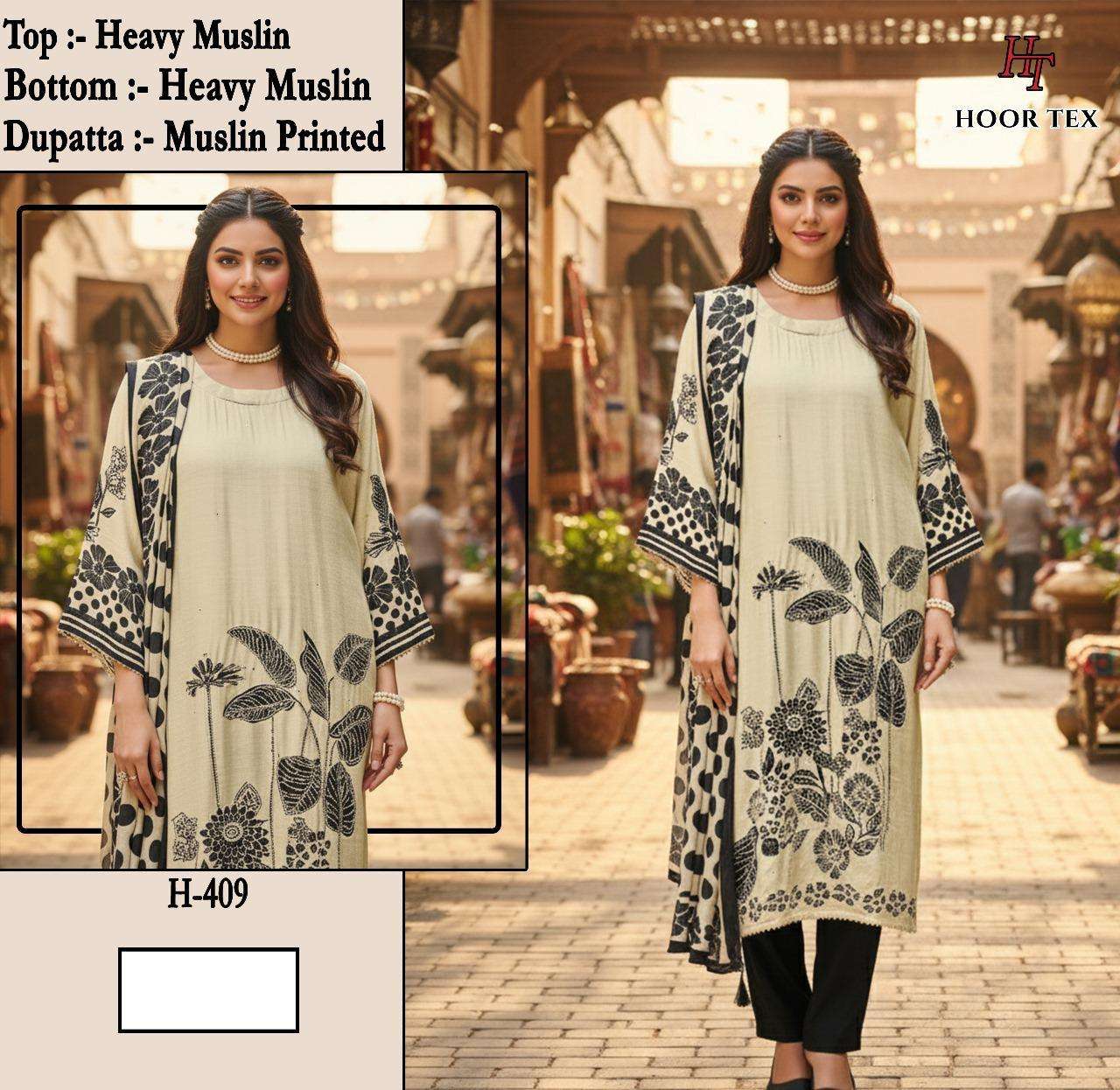 H 405 - 413 Hoor Tex Muslin Pakistani Readymade Suits Wholesale